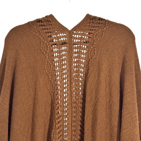 Boho Open-Front Fringe Knit Poncho Brown Acrylic One Size Statement Layers - Picture 4 of 8